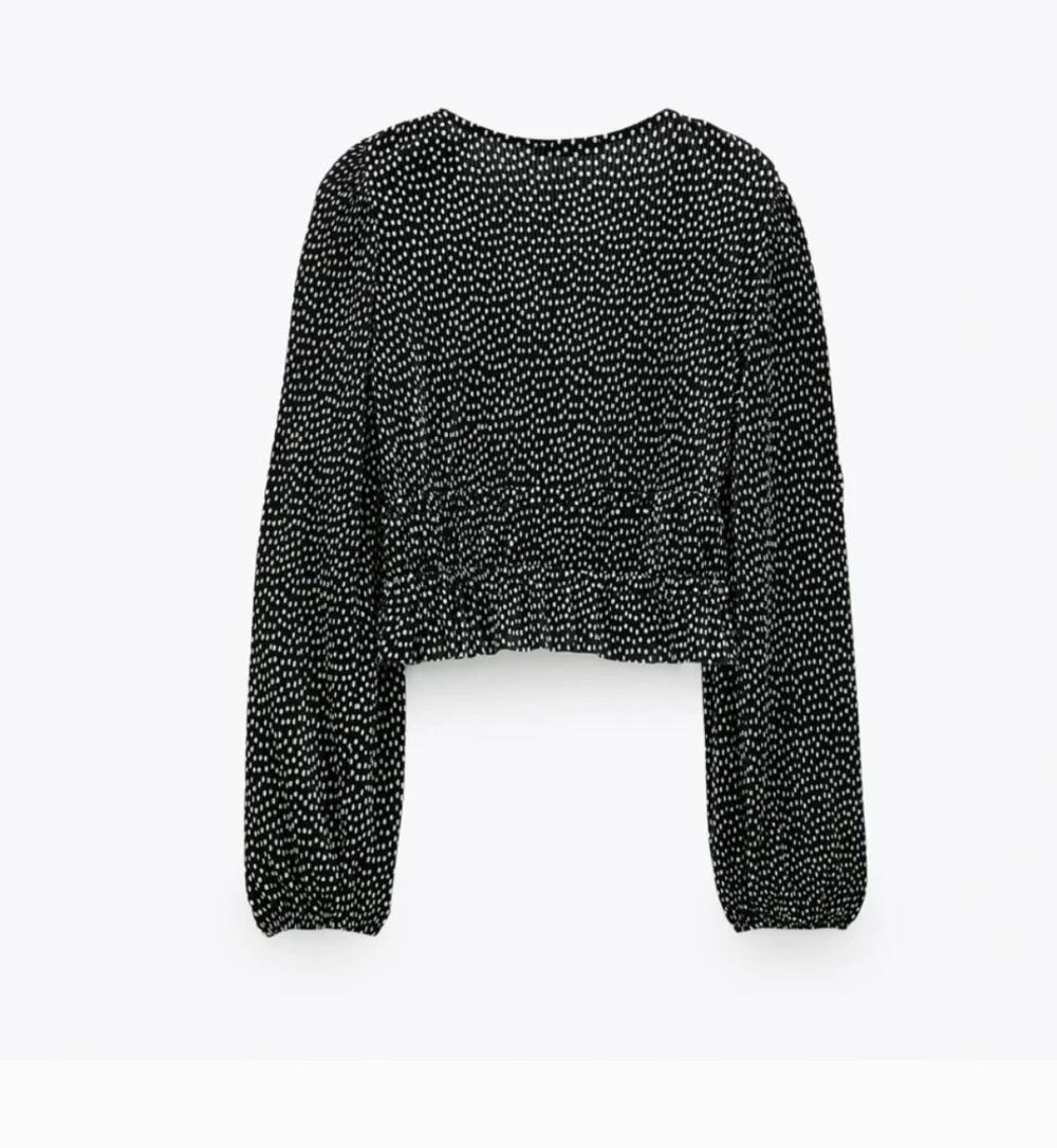 Zara Polka Dot Pleated Top M Black White Blouse Shirt Capsule Old Money